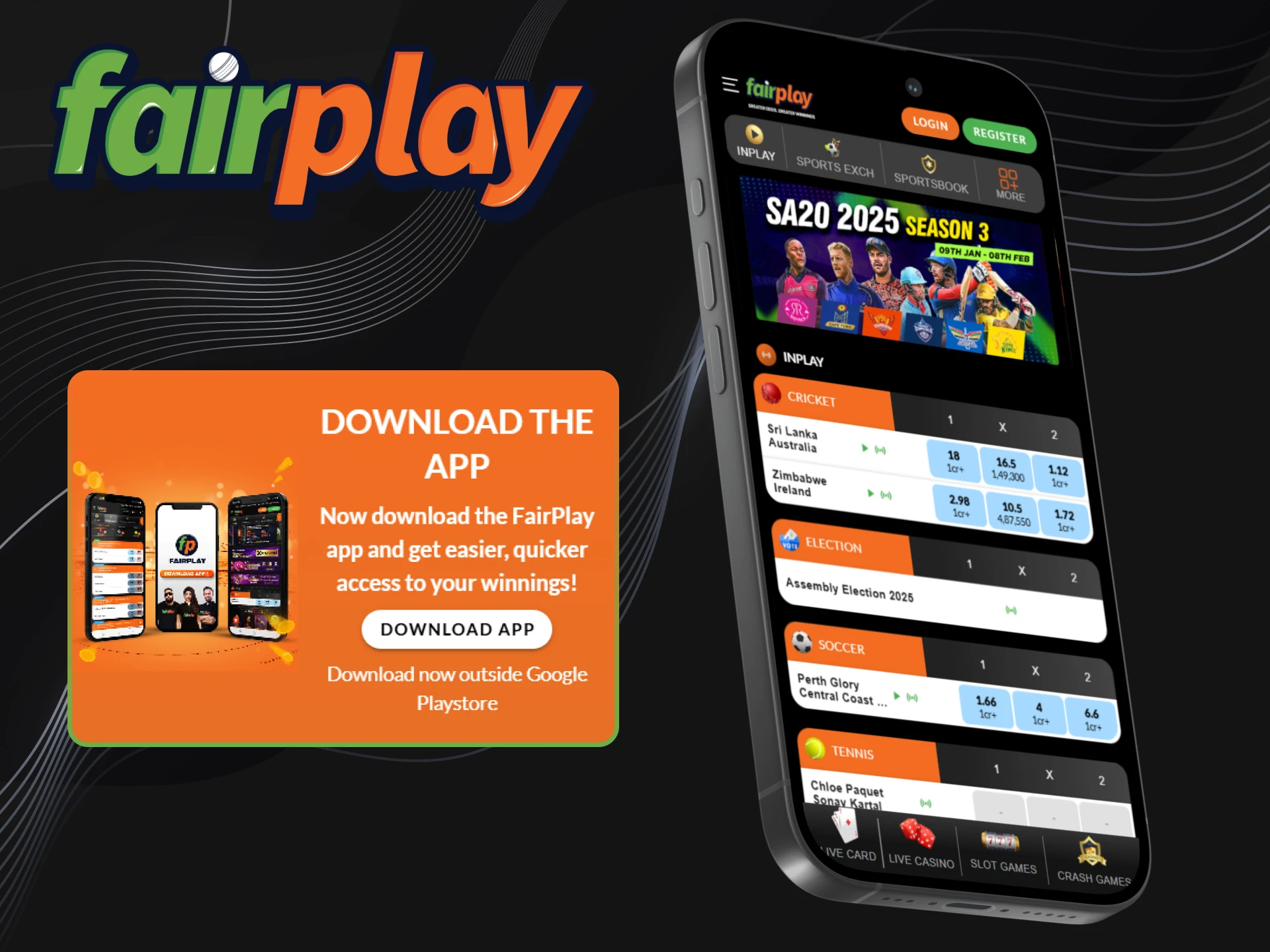 Download the Fairplay mobile app to start betting and playing.